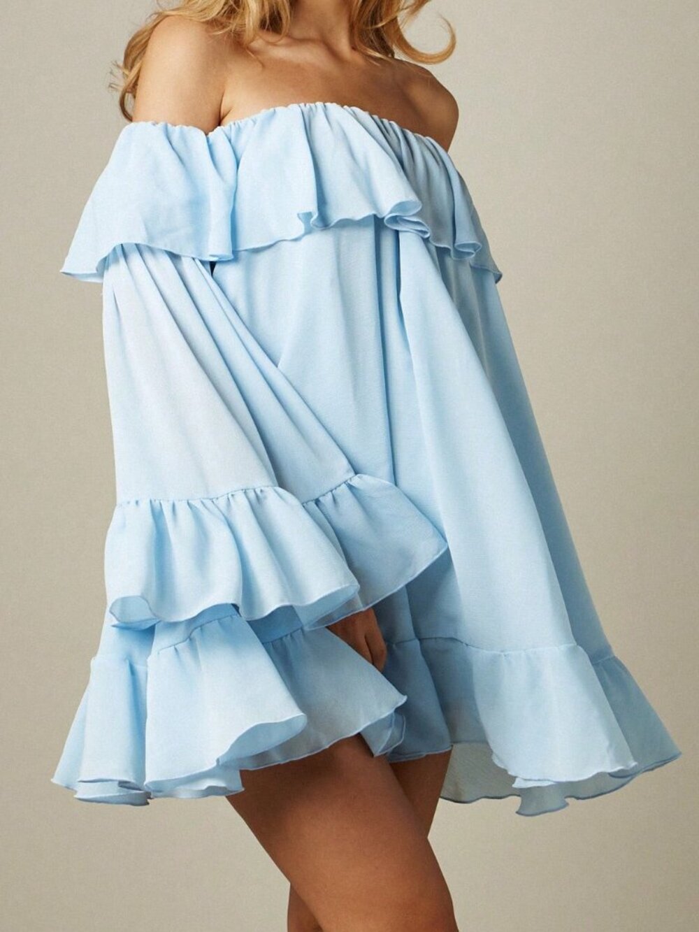Baby Blue Boho Women's Chiffon Off-Shoulder Ruffle Mini Dress Bell Sleeves